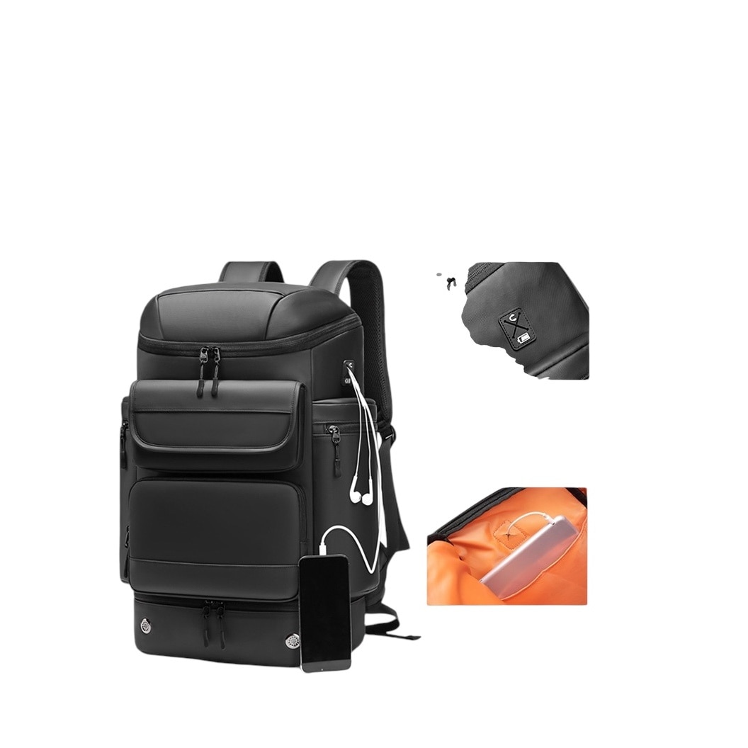 Rucsac Multifunctional Premium, Cracos®, negru, capacitate 30L, 55x31x20 cm, port USB, compartimente separate pentru laptop si Incaltaminte, Impermeabil, ideal pentru calatorii sau activitati zilnice