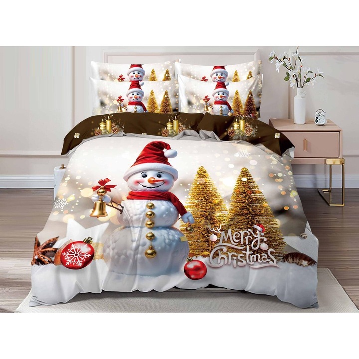 Set Lenjerie de pat dublu, model Craciun 3D, 6 piese, Bumbac Finet, Cearceaf de pat 240X250 cm, Cearceaf pilota 200x230 cm, 2 fete de perna 70x70 cm, 2 fete de perna 55x75 cm, cu imprimeu Om de zapada, alb-auriu