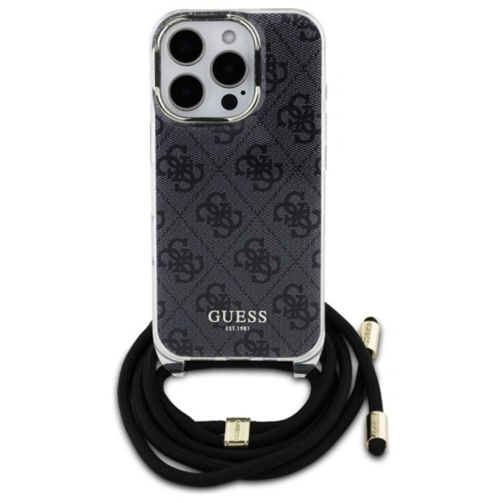 Husa telefon Guess Cordon Crossbody 4G Print, negru, pentru iPhone 16 Pro, material TPU/PC, snur 130cm
