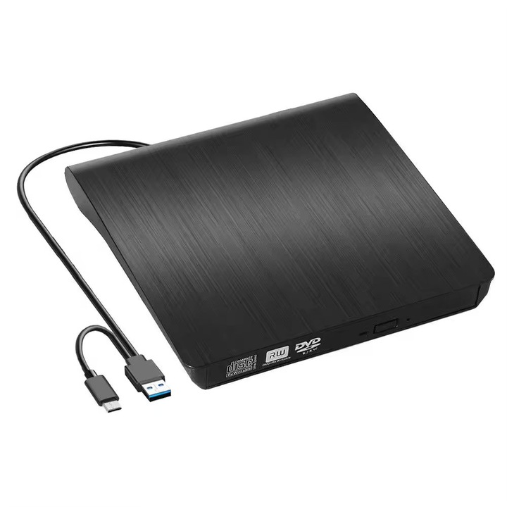 Unitate optica externa, Active, DVD writer/reader portabil 2 in 1 USB 3.0 si Type-C, Plug and Play, DVD-RW compatibil laptop, PC, Desktop, Windows 11/10/8/7/vista/XP, MAC OS, Linux, Negru