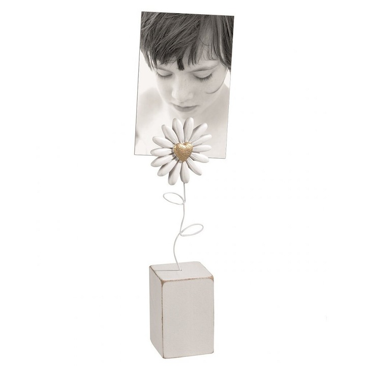 Suport pentru fotografie, Mascagni, lemn, alb, 4x5cm, 17cm inaltime, cu aplicatie in forma de floare