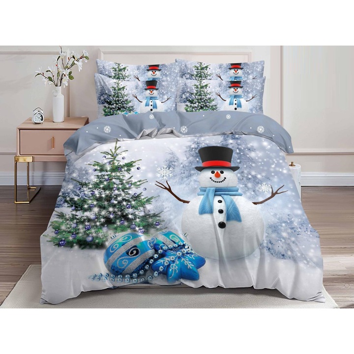 Комплект спално бельо, 3D коледен десен, 6 части, фин памук, чаршаф 240х250 см, плик за завивка 200х230 см, 2 калъфки за възглавници 70х70 см, 2 калъфки за възглавници 55х75 см, с принт на снежен човек, бял/сив