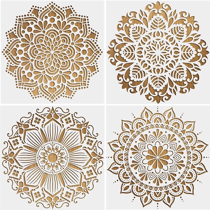 Sablon decorativ Bztzhm, set 4 bucati, mandala, 30.5x30.5cm, alb