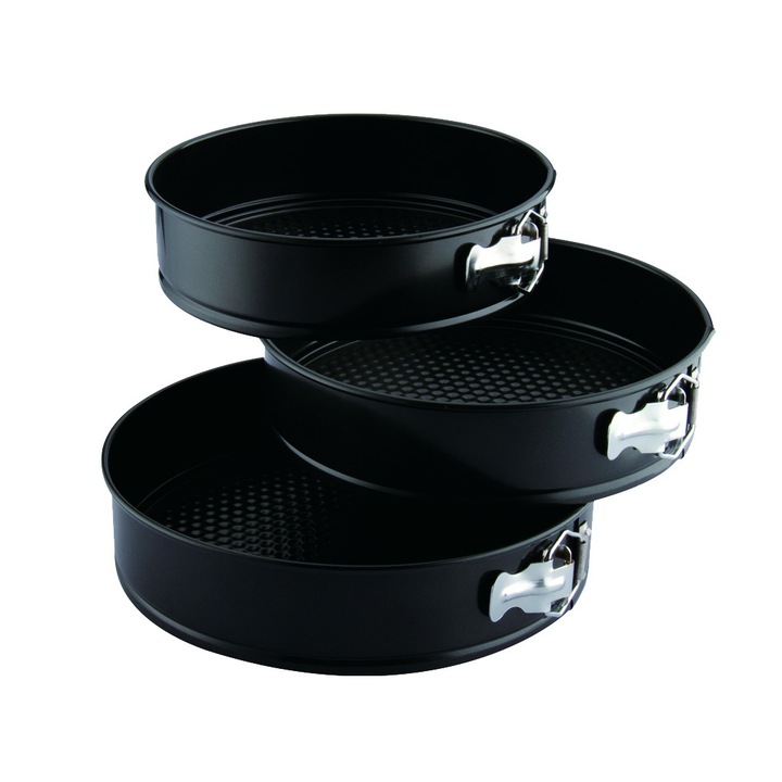 Set 3 Forme Rotunde din Otel Carbon Teflonat pentru Copt Peterhof, Diametru 22, 24 si 26 cm