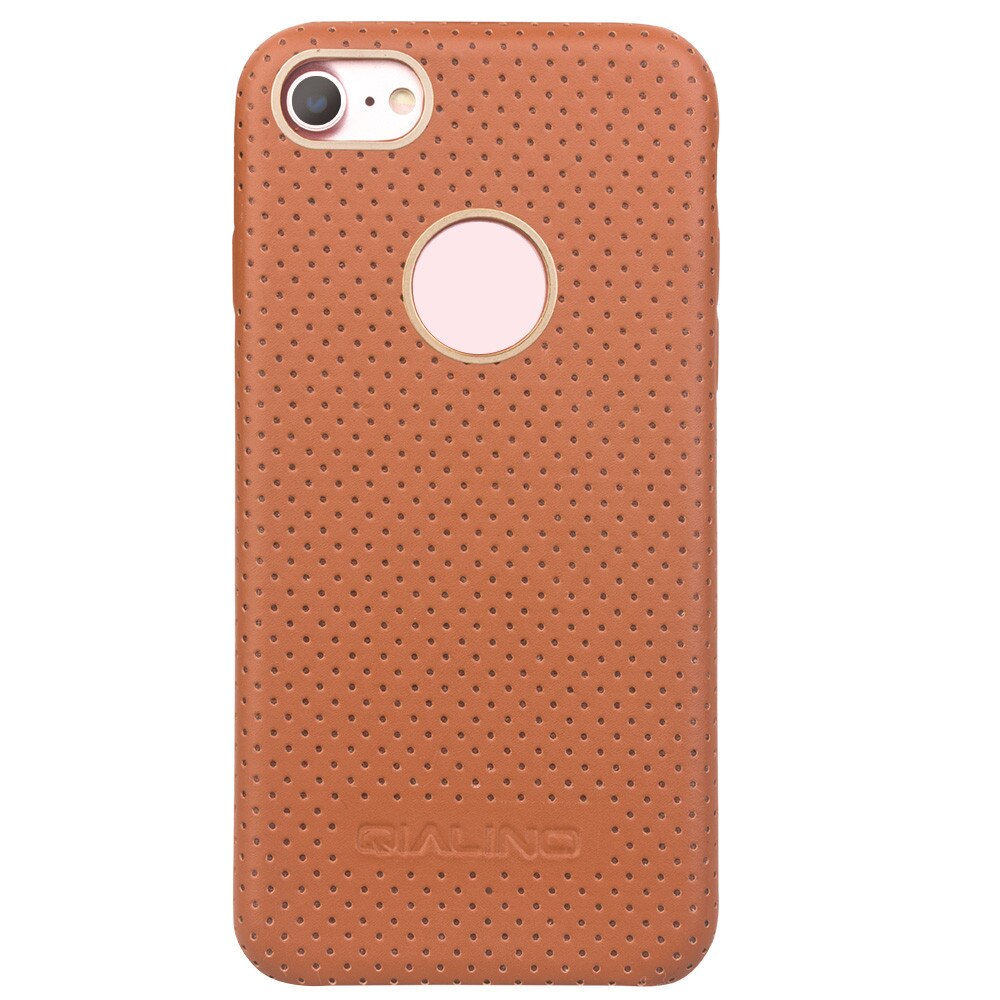 Husa piele naturala perforata iPhone 7, Qialino, Maro Deschis