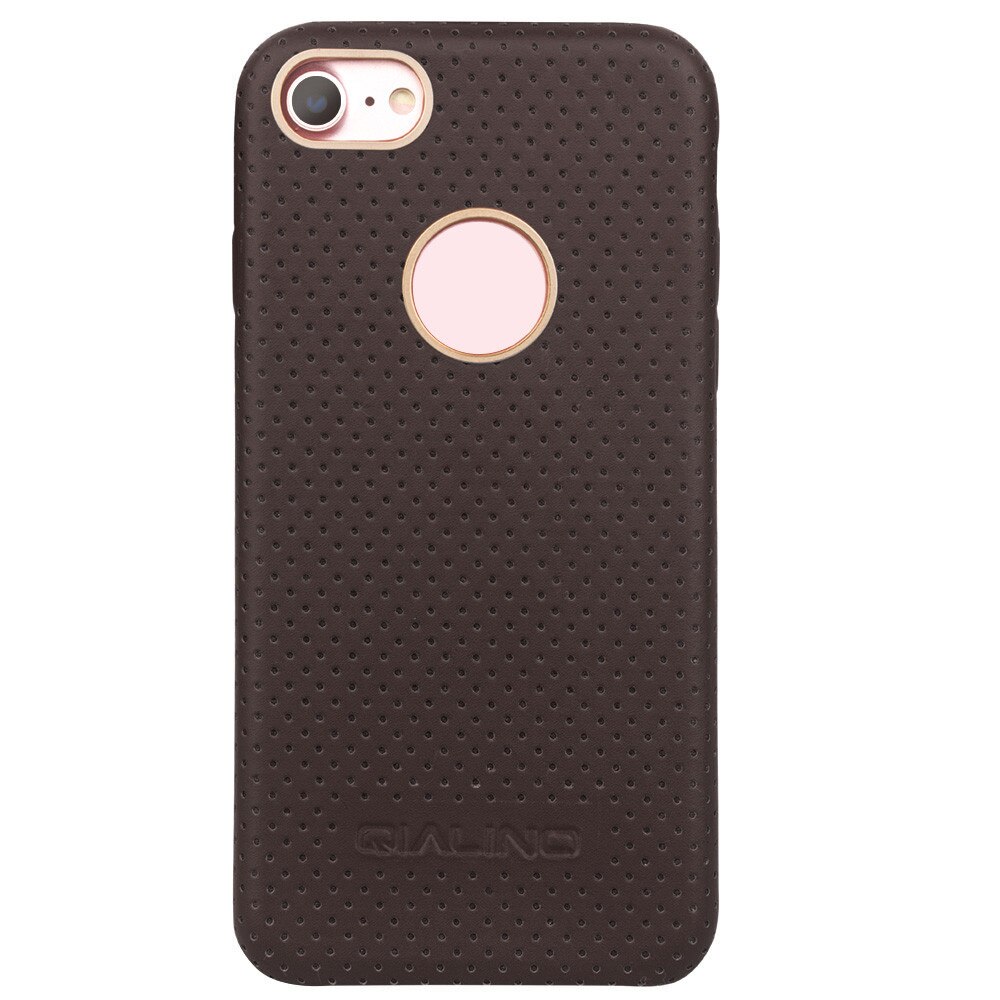 Husa piele naturala perforata iPhone 7, Qialino, Maro Inchis