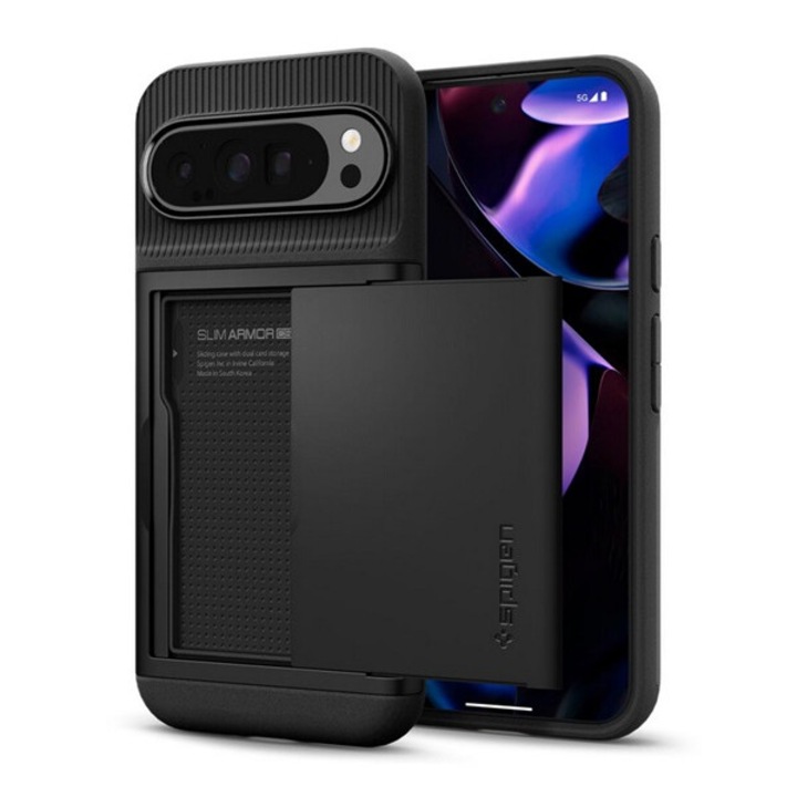 Spigen slim armor cs szilikon mobiltelefon tok, műanyag hátlap, kártyatartó, ütésállóság, légpárnás sarok, fekete, kompatibilis: Google Pixel 9 Pro XL