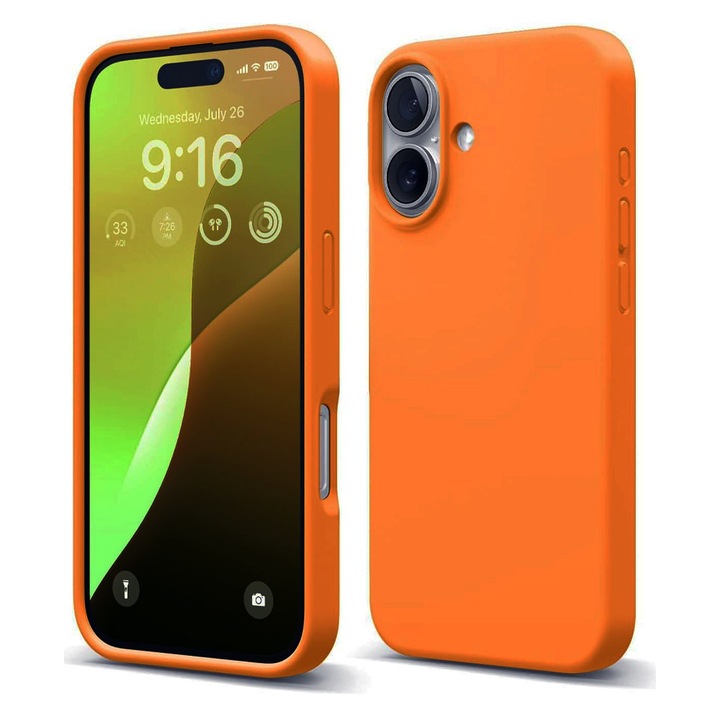 Husa Protectie Soft-Touch Silicon cu Microfibra pentru Apple iPhone 16, OPTIM SOLUTION, Incarcare Wireless, High Quality Soft Material, Premium Fiber Lining, Stylish Anti-Slip Design, Portocaliu