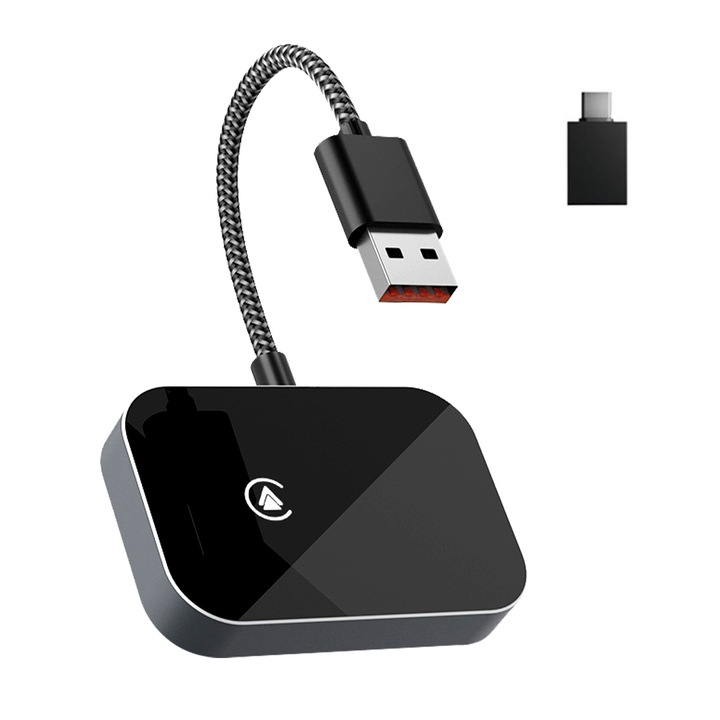 Безжичен адаптер 2-в-1 CarPlay и Android Auto, JESWO, Bluetooth 5.0, USB и USB Type C, черен