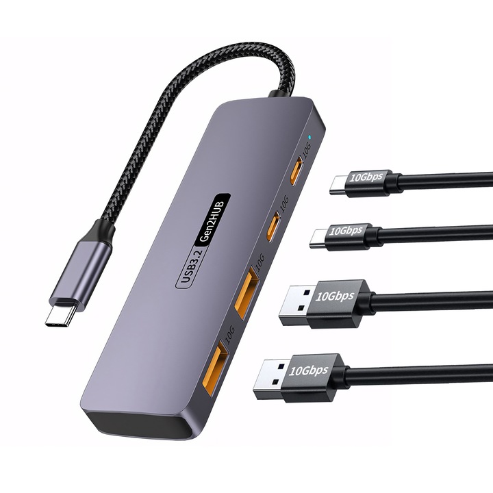 USB C хъб 4-в-1, JESWO, 2xUSB A 3.2, 2xUSB C 3.2, 10Gbps, сив, 10.3x3x0.9cm