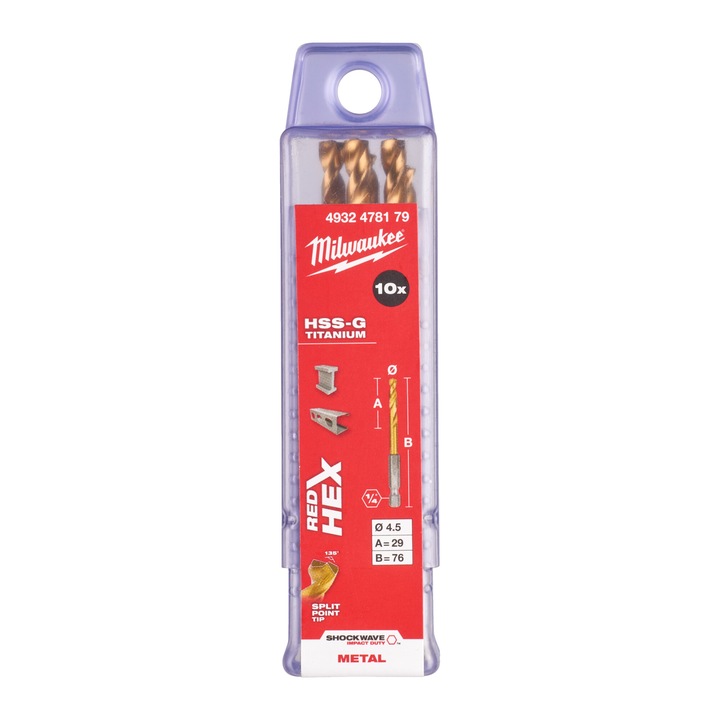 Set burghie, Milwaukee 4.5mm, 10 bucati, hexagonal 1/4", titan