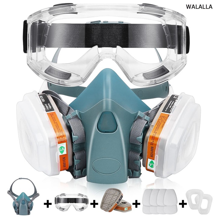 Set respirator reutilizabil, 2 filtre, 8 buc Bumbac cu filtru si ochelari de protectie, Folosit pe scara larga in vopsea, praf, produse chimice, vopsea epoxidice, prelucrarea lemnului, gaz organic cu vapori, lustruire la masina, WALALLA, verde