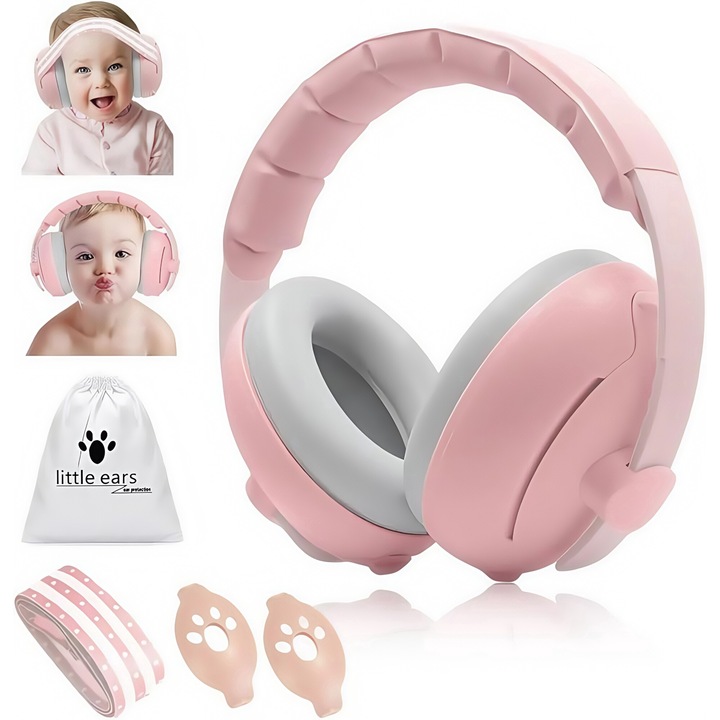 Casti Antifonice Pentru Bebelusi, JFYU, Casti Antifonice 2 In 1 Pentru Bebelusi, Ergonomic, Captuseala Moale, Greutate Redusa, Fara Presiune pe Fontanele, Anti-Alunecare, Izolare Fonica 25db, Pana la 0-3 Ani, Roz