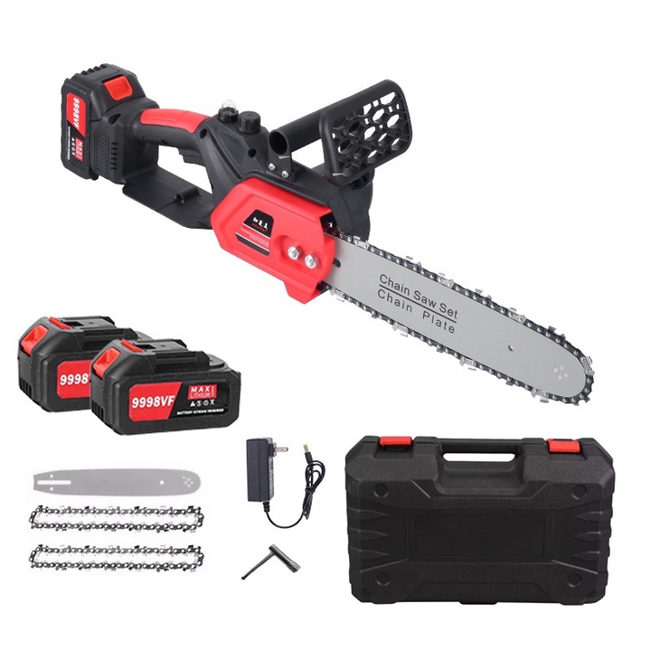 Ferastrau cu lant (fierastrau electric) cu baterie,12 inch(30cm),2 acumulatori 21V,18000 mAh, Max 2000W,2 lanturi, Lama 26 cm, Rosu/Negru