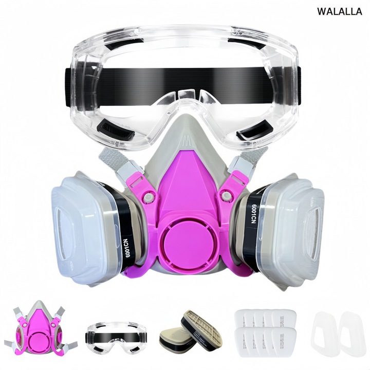 Set masca respiratorie cu filtre si ochelari de protectie, protectie impotriva gazelor de praf fumuri in vopsire pulverizare slefuire, WALALLA, roz, ajustabil