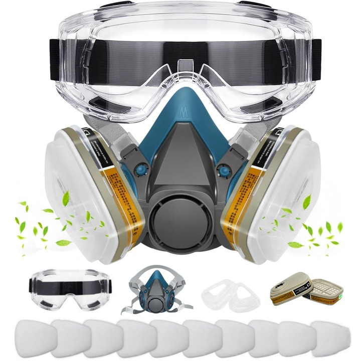 Set respirator cu filtre, accesorii incluse, protectie respiratorie, Respirator chimic cu ochelari de protectie pentru rasina epoxidica, praf, WALALLA, negru si albastru