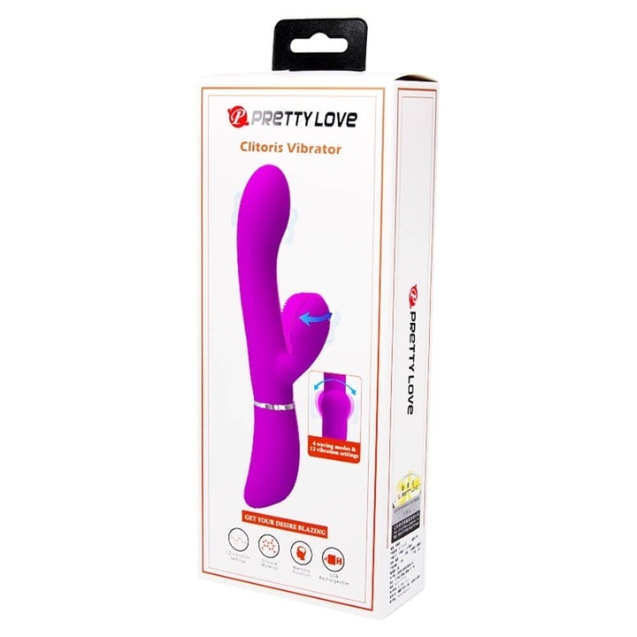 Pretty Love Clitoris vibrátor, szilikon, csikló és G-pont stimulátorral , vízálló, hossza 16-20 cm, átmérője 3,5-3,9 cm, lila színű, újratölthető elem