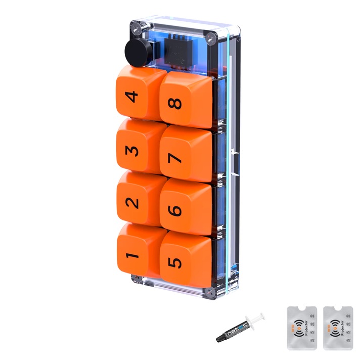 Egyedi programozható mini mechanikus billentyűzet, 8 gomb, gyorsbillentyűk, játék, tervezés és iroda, Natec Husky 1G pasztával és 2 Rfid védelemmel, narancssárga-átlátszó, Undershop