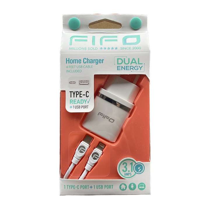 Okostelefon töltő 220V két porttal - 1x USB, 1x Type C, Fifo