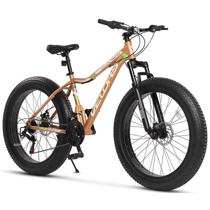MTB kerékpár 26"-os kerekekkel, Shimano/Carpat felszerelések, forgókarok, tárcsafékek, 21 sebesség, barna/fehér/zöld, hegyi zsíros velúr Wolf Genius 2,4 széles gumikkal