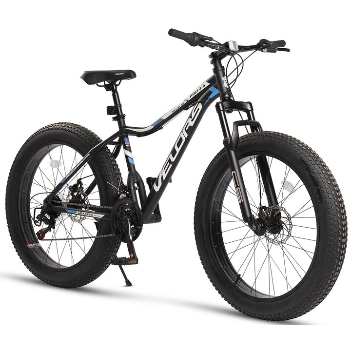 Велосипед MTB с 26" колела, скоростна кутия Shimano/Carpat, въртящи се лостове, дискови спирачки, 21 скорости, черно/бяло/синьо, Mountain Fat Bike Velors Wolf Genius с 2.4 широки гуми