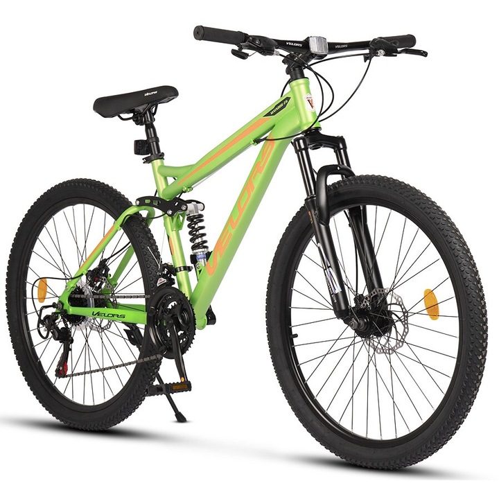 MTB kerékpár 26"-os kerekekkel, Shimano/Carpat felszerelés, szekvenciális karok, tárcsafékek, 21 sebesség, zöld/narancs, Mountain Bike Velours Matador 2.6 Genius dupla felfüggesztéssel