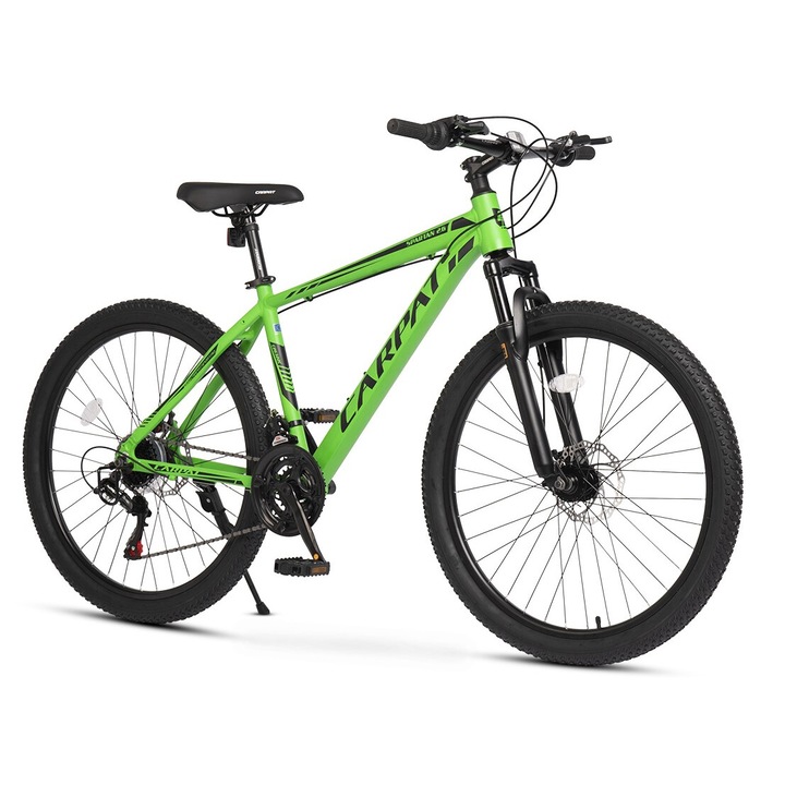 Bicicleta MTB de munte Carpat Spartan JSX26322, cadru Aluminiu, echipare Shimano, suspensie fata, roata 26 inch, frana disc fata/spate, 21 viteze, verde cu negru