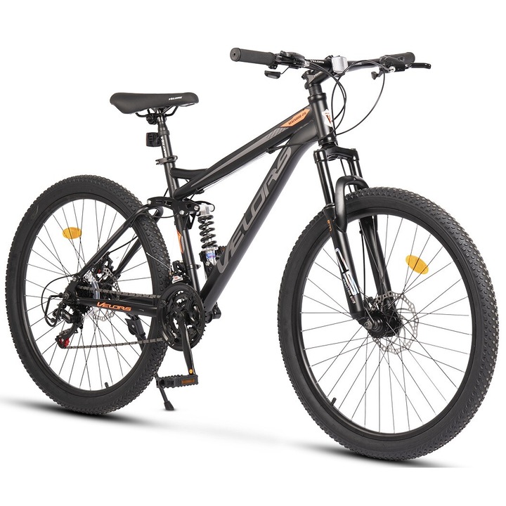 MTB kerékpár 26"-os kerekekkel, Shimano/Carpat sebességváltó, szekvenciális karok, tárcsafékek, 21 sebesség, fekete/szürke/narancs, Mountain Bike Velours Matador 2.6 Genius dupla felfüggesztéssel