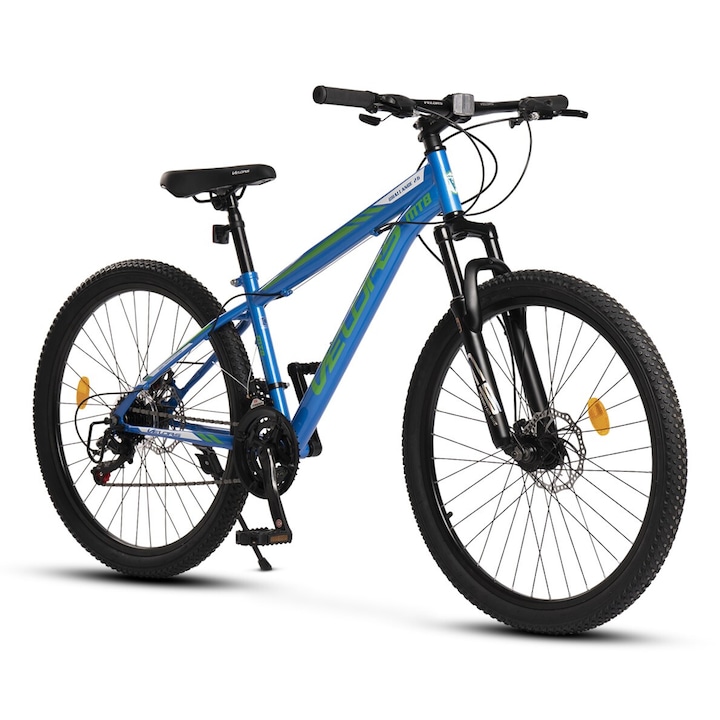 Велосипед Velors MTB Challange JSX2610, Планински MTB, оборудване Shimano, предно окачване, колело 26 инча, гумен MTB профил, предна/задна дискова спирачка, 21 скорости, синьо със зелено