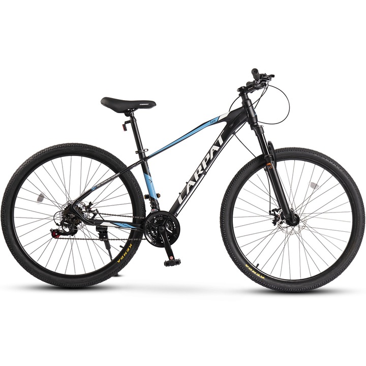 Bicicleta MTB de munte Carpat JSX2959, cadru din Aluminiu cu cabluri integrate, echipare Shimano, suspensie fata, roata 29 inch, frana disc fata/spate, 21 viteze, negru cu albastru