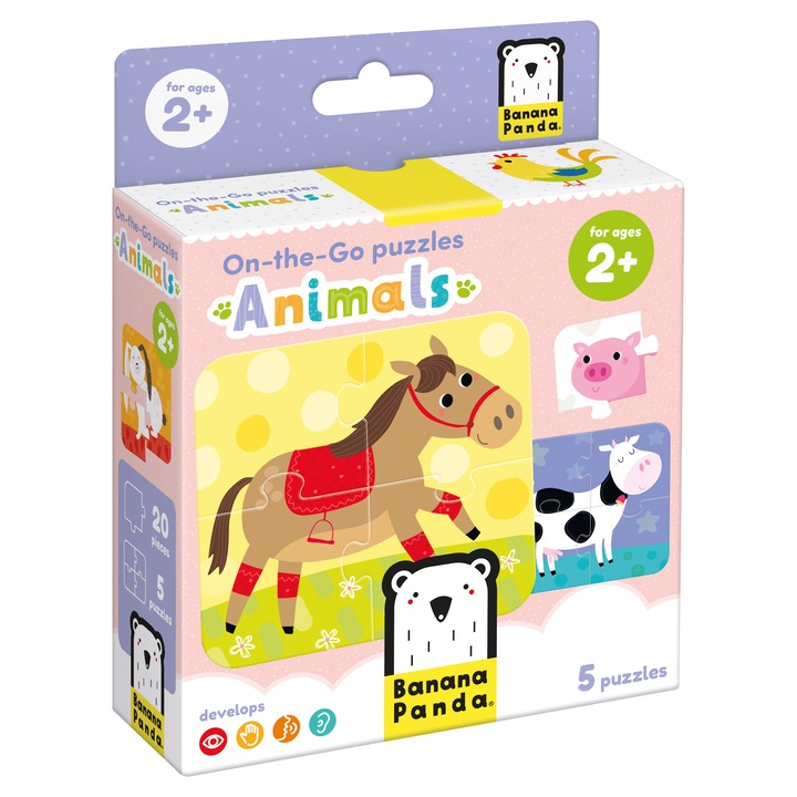 Joc educativ si de memorie tip puzzle pentru copii si bebelusi, Banana Panda, On the Go Puzzle Animals, 5 puzzle-uri cu 4 piese, animale domestice, varsta +2 ani