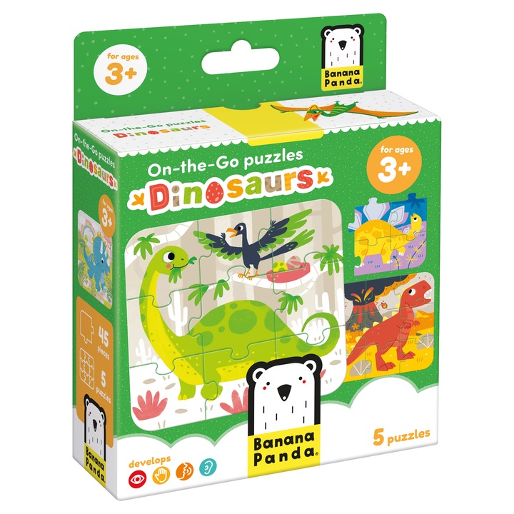 Oktató és memória kirakós játék gyerekeknek és babáknak, Banana Panda, On the Go Puzzle dinoszauruszok, 5 puzzle 9 darabbal, Dinoszauruszok, életkor +3 év