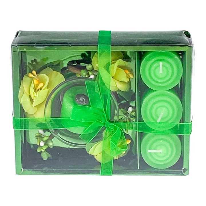 Set format din pahar de sticla, flori decorative si patru pastile din ceara, 15x12 cm verde
