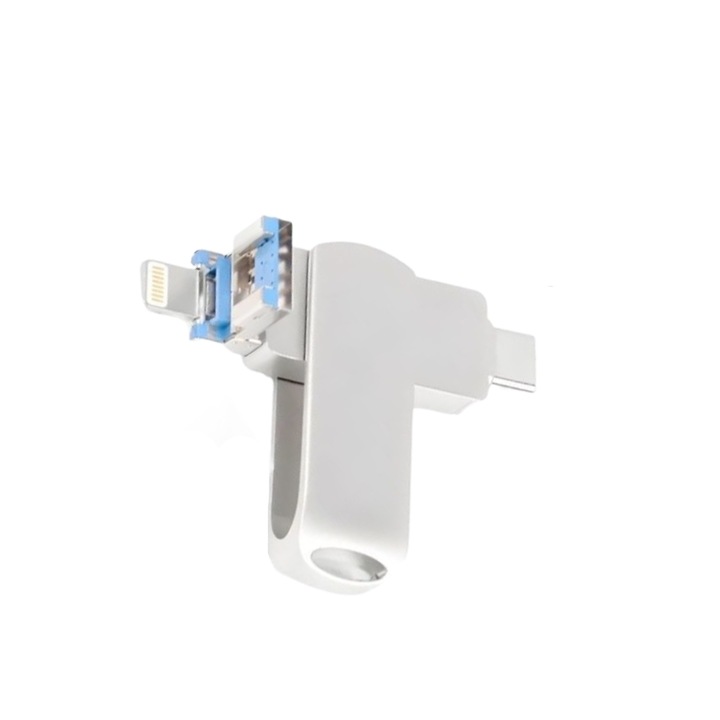 EDAR fém Memory Stick 4 az 1-ben, 256 GB, USB 3.0, Type-C, USB C és Lightning csatlakozóval, forgatható, vízálló, kompatibilis telefonnal/eszközökkel C típusú, Lightning és USB C portokkal, nagy sebességű, ezüst