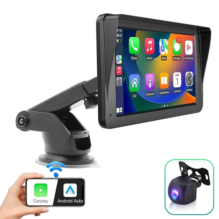 Timebox autós navigáció, Apple CarPlay, Android Auto, 7 hüvelykes HD képernyő, érintőképernyő, vezeték nélküli, USB 2.0, Aux, tolatókamera 8 lámpával, MirrorLink, Bluetooth 5.0, MP4, MP5, GPS, rádió