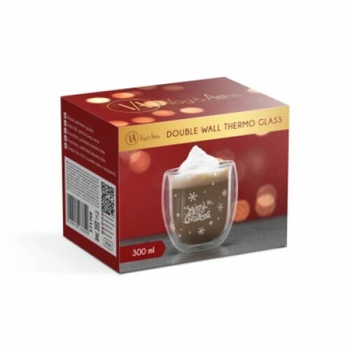 Pahar cu Pereti Dubli, Termorezistent, 300 ml, Motiv de Craciun, Merry Christmas