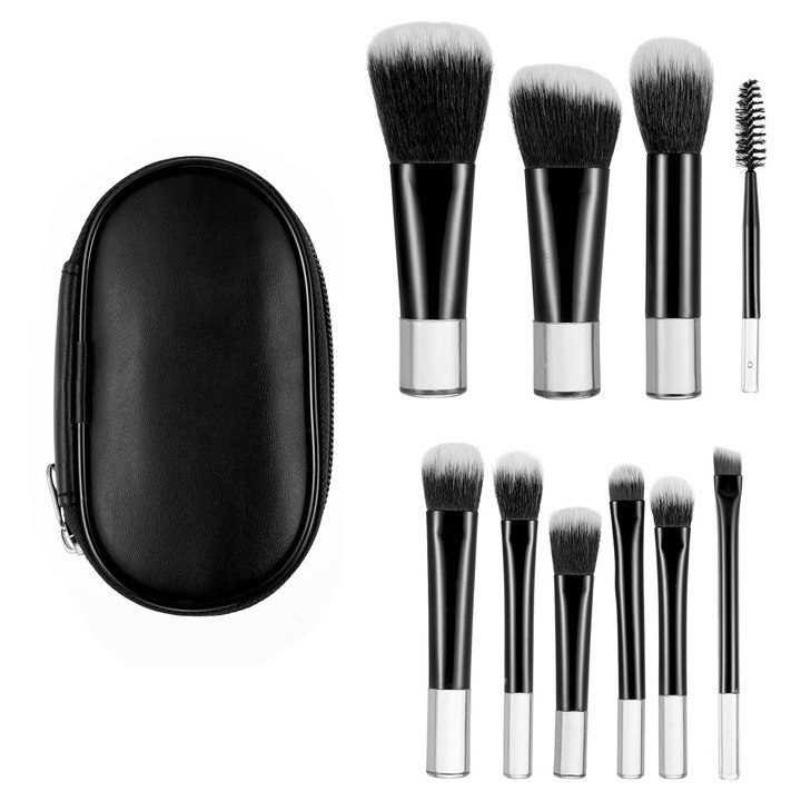 Set 10 Pensule Machiaj cu Geanta, Hoyecl, Dimensiuni potrivite pentru calatorie, Multicolor