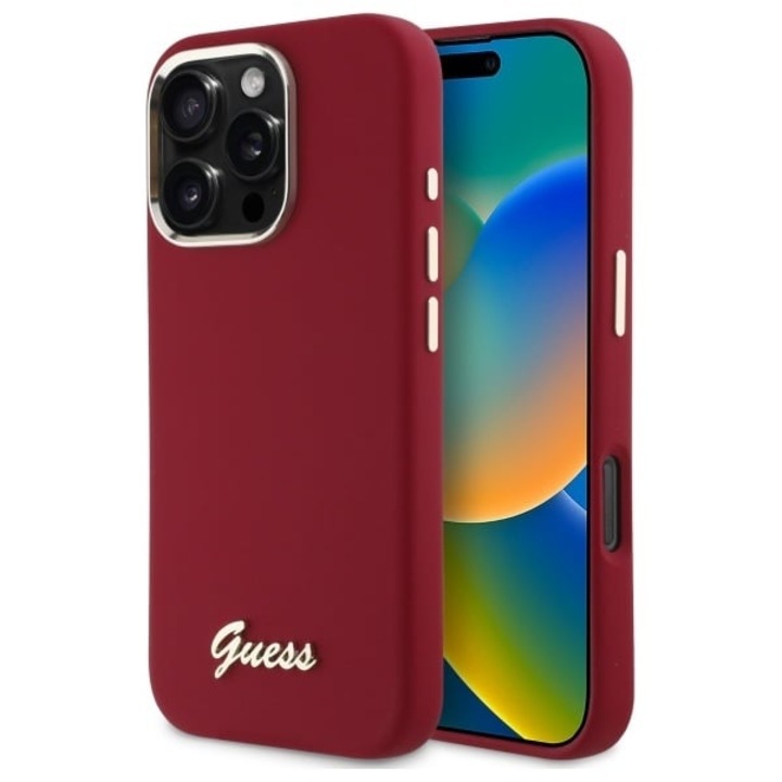 Калъф за iPhone 16 Pro Max - Guess Silicone Script Metal Logo (GUHCP16XSMBSLM) - Червен