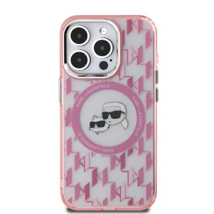 iPhone 15 tok – Karl Lagerfeld IML MagSafe (KLHMP15SHMCKMHP) – rózsaszín monogramos Karl&Choupette fej