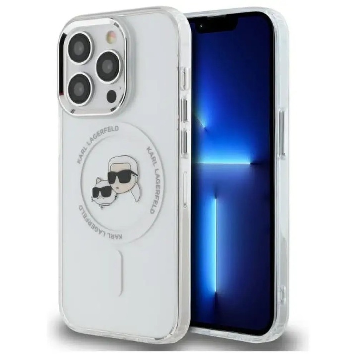 Husa pentru iPhone 14 Pro Max - Original Karl Lagerfeld IML MagSafe (KLHMP14XHLSKCH) - White Metal Karl&Choupette Head