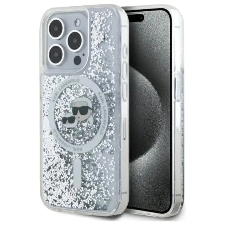 Husa pentru iPhone 15 Pro Max - Karl Lagerfeld Liquid Glitter MagSafe - Transparent Karl&Choupette Head