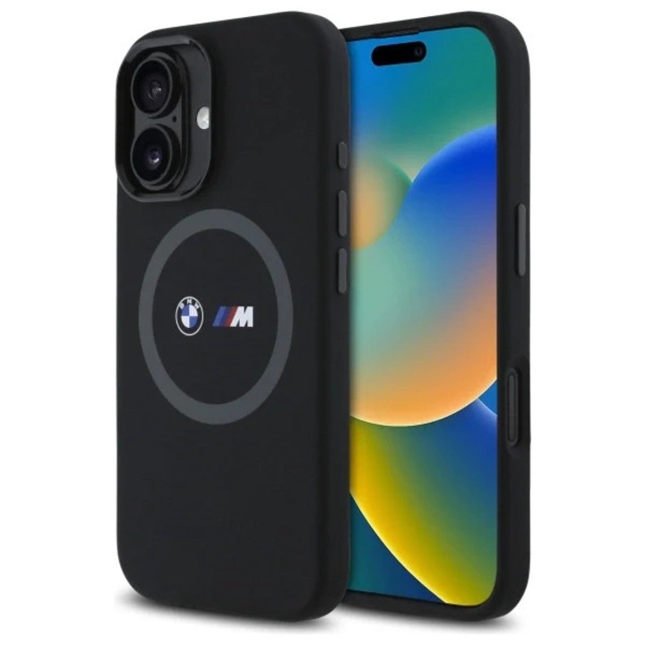 BMW BMHMP16S23SROK iPhone 16 6.1 készülékhez M Silicone Printed Ring MagSafe kemény tok fekete
