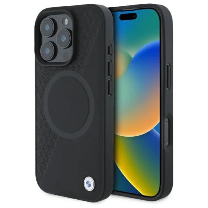 Védőtok, BMW, bőr, MagSafe, fekete, iPhone 16 Pro Max készülékhez