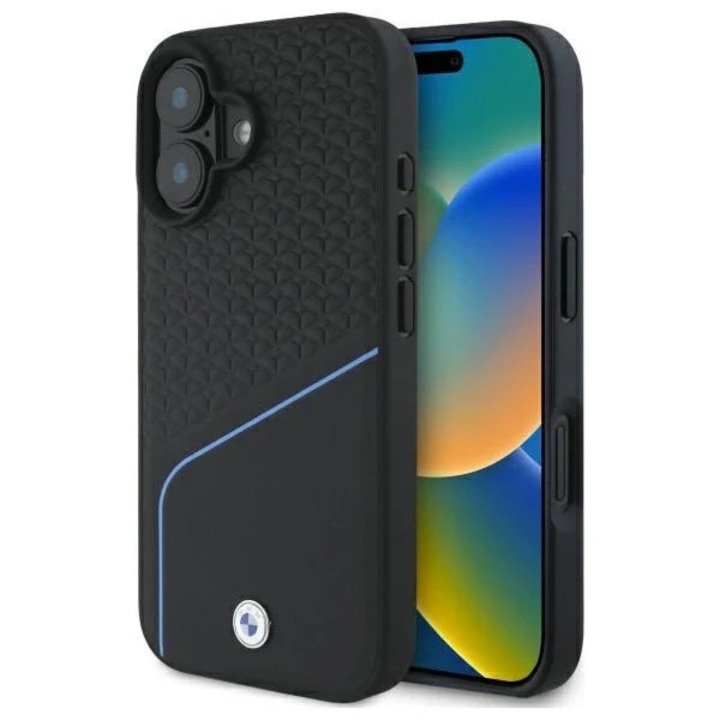 Védőtok, BMW, Sign Leather Texturált és Line MagSafe, texturált bőr, fekete, iPhone 16-hoz