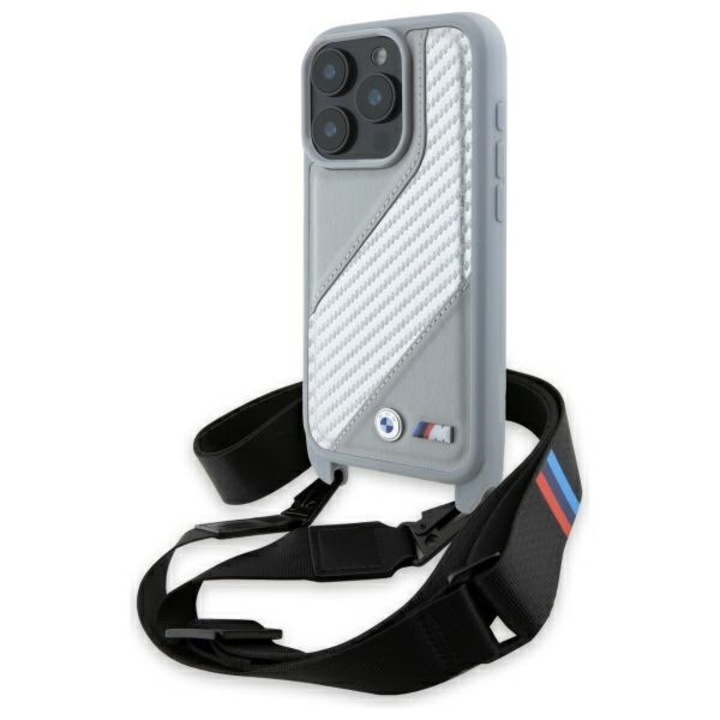 Védő telefontok iPhone 16 Pro telefonhoz, BMW Leather M Edition Carbon Stripe & Strap (BMHCP16L23PSCCG), szürke