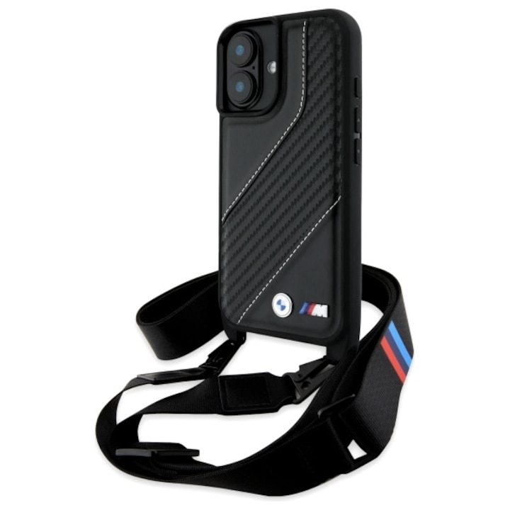 Telefontok iPhone 16 Plus telefonhoz, BMW Leather M Edition Carbon Stripe & Strap (BMHCP16M23PSCCK), fekete