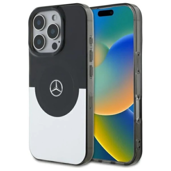 Защитен калъф Mercedes Double Layer BiColor, MagSafe, черен/сребрист, за iPhone 16 Pro Max, двойна защита