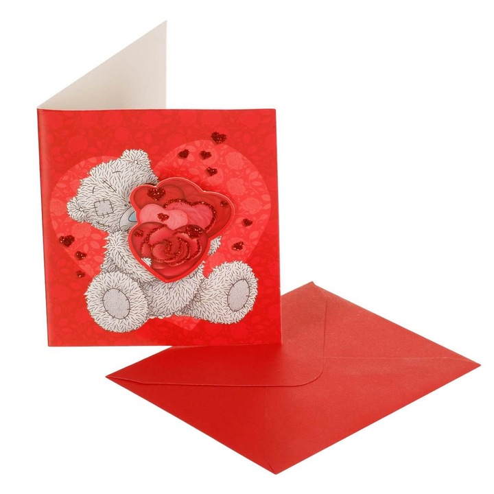 Felicitare 3D, Teddy Bear, Inimi, Plic Inclus, Rosu, 7.5x8.5cm