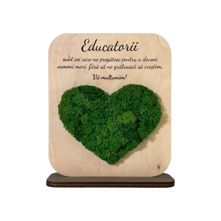 Placuta cu mesaj si inima din licheni pentru Educatori, Lemn de Mesteacan, Licheni Stabilizati Premium, Culoare Natur si Nuc, 21cm