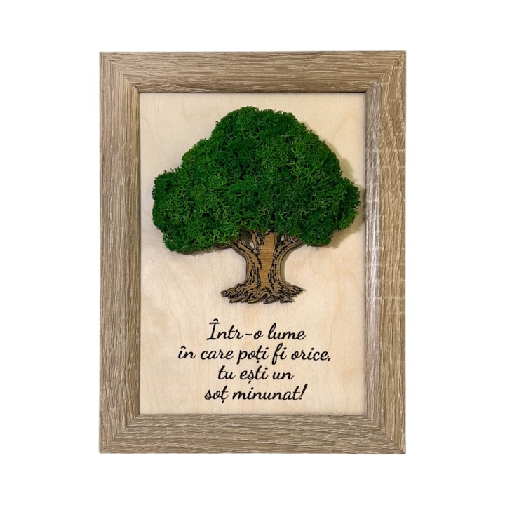 Tablou Copacul Vietii cu Licheni si Mesaj pentru Sot, Lemn de Mesteacan, Rama MDF, Licheni Stabilizati, 21cm x 16cm